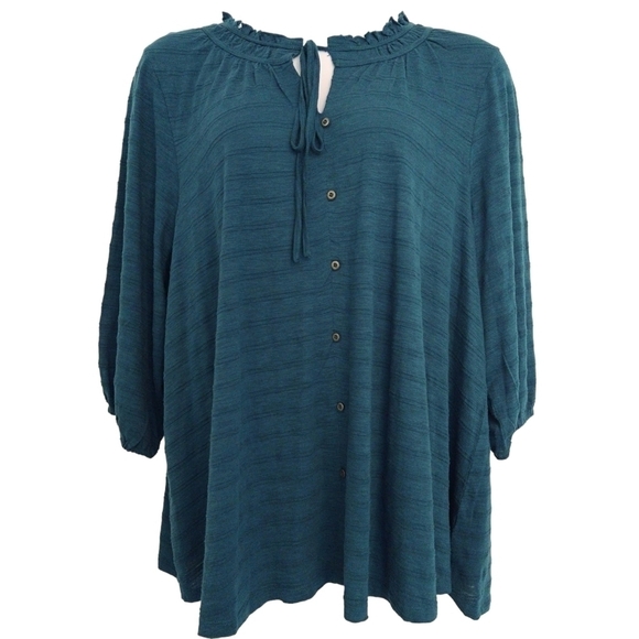 Lane Bryant NWT Teal Blue Ruffle Tie Neck Striped 3/4 Sleeve Faux Button Blouse - Picture 1 of 7